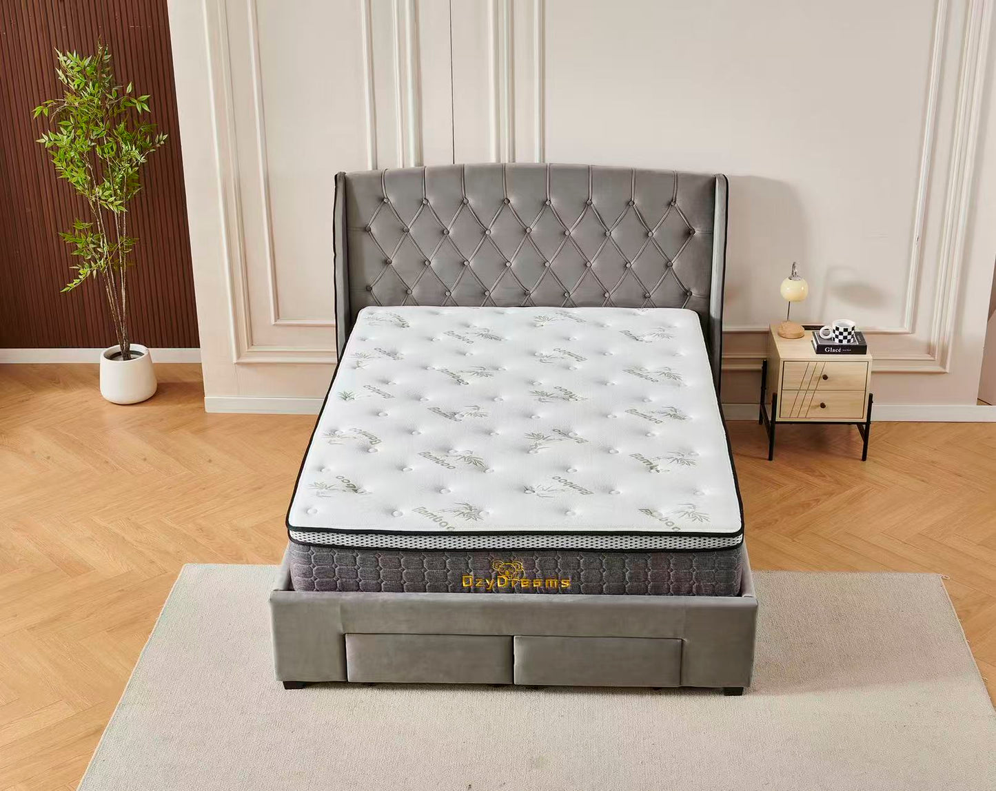 Tufted Bed Frame Dark Grey (4 Drawers) + 30cm Pillow Top Bamboo Mattress