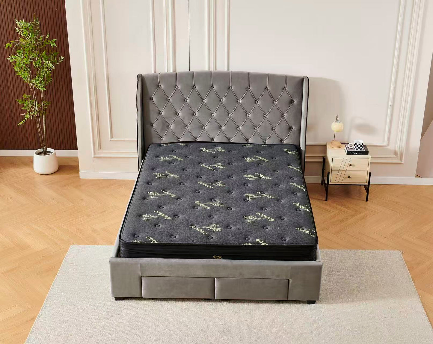 Tufted Bed Frame Dark Grey (4 Drawers) + Charcoal 20cm Bamboo Mattress