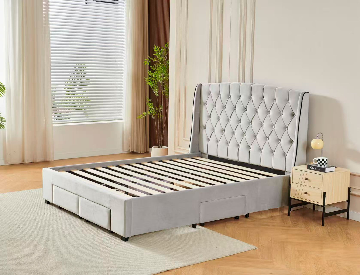 Tufted Bed Frame With Drawers Light Grey