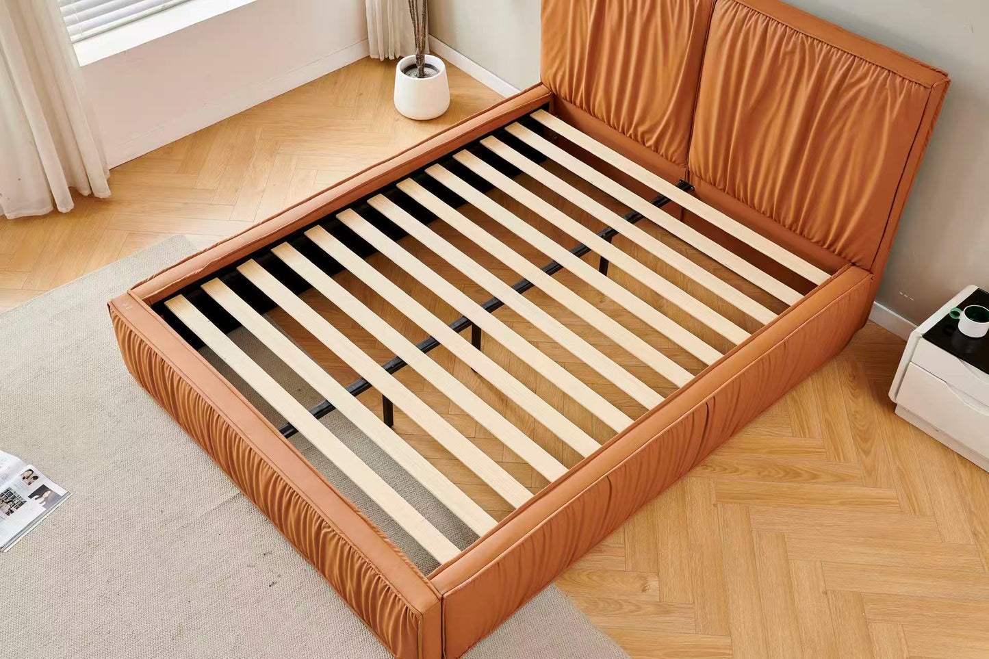 Orange Tiffany Upholstered  Pleat Bed Frame