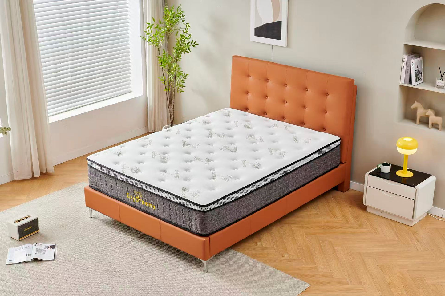 Orange Tiffany upholstered bed + White 30cm pillow top bamboo mattress