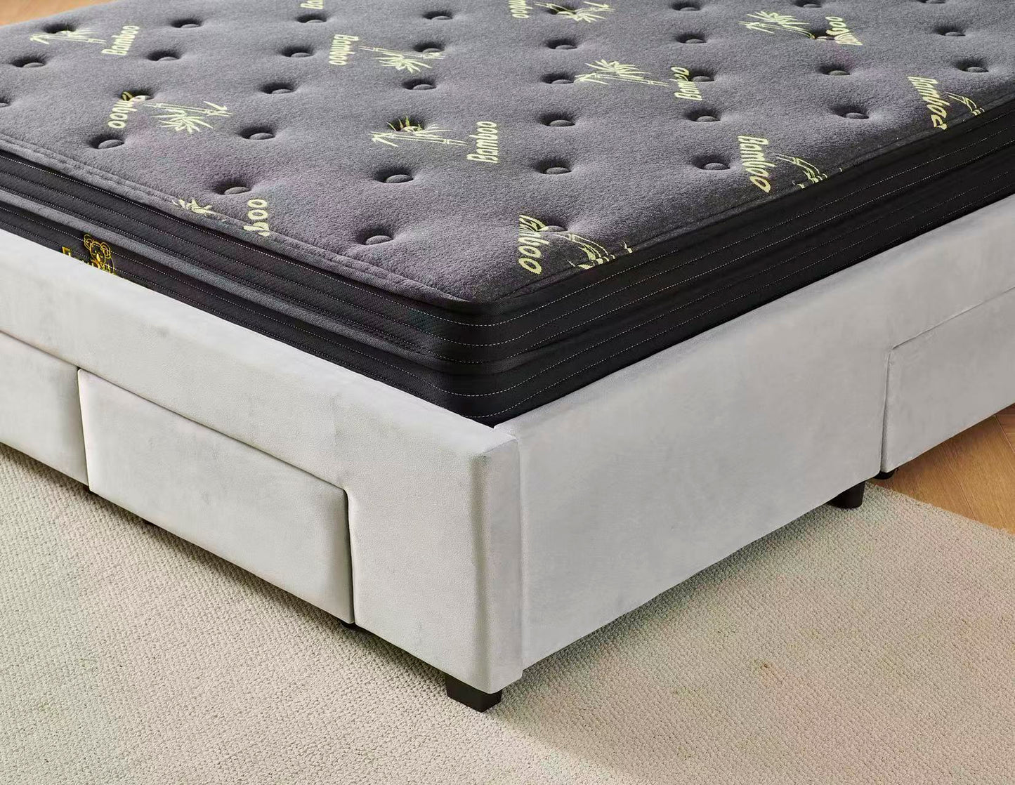 Tufted Bed Frame Light Grey (4 Drawers) + Charcoal 20cm Bamboo Mattress