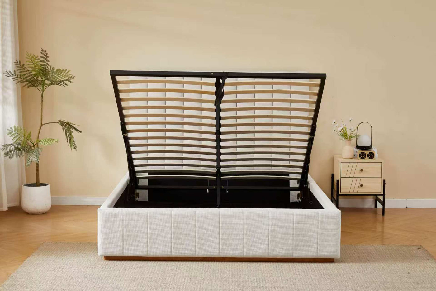 Gas Lift Beige Channel Bed Frame + 20cm Bamboo Mattress