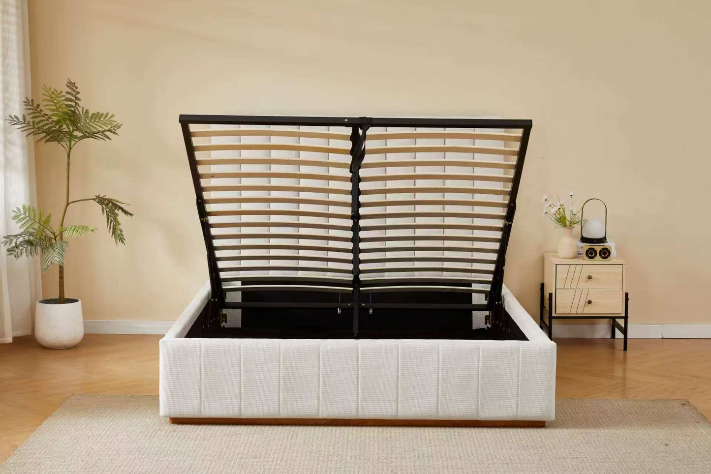 Gas Lift Beige Channel Bed Frame + 20cm Bamboo Mattress