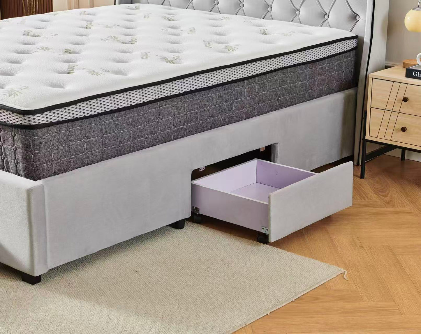 Tufted Bed Frame Light Grey (4 Drawers) + 30cm Pillow Top Bamboo Mattress