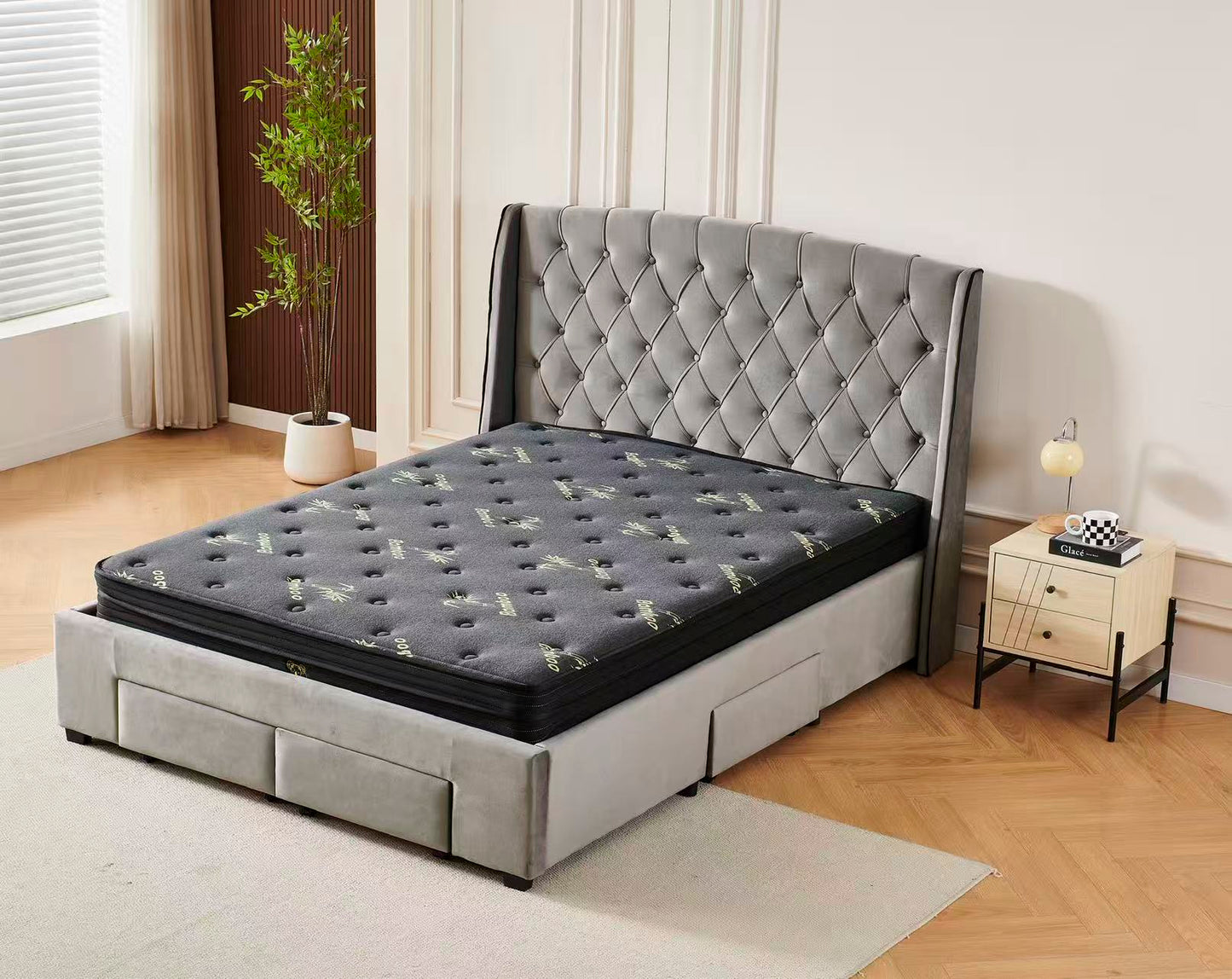 Tufted Bed Frame Dark Grey (4 Drawers) + Charcoal 20cm Bamboo Mattress