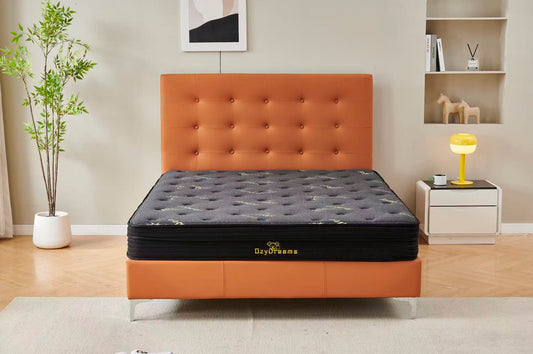 Orange Tiffany upholstered bed + Charcoal 20cm bamboo mattress