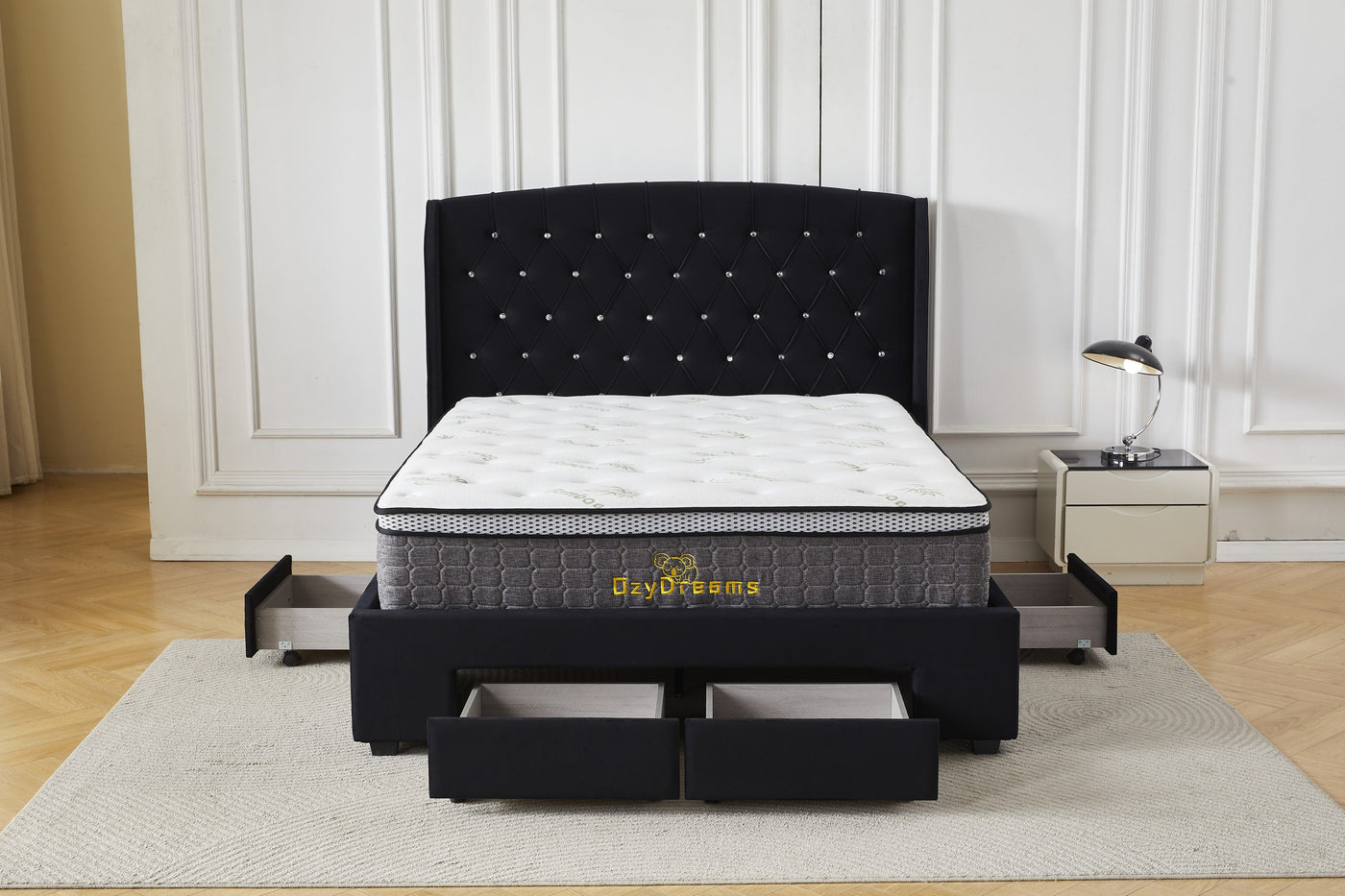 Black four-drawer tufted bed frame and bamboo mattress package with drawers open