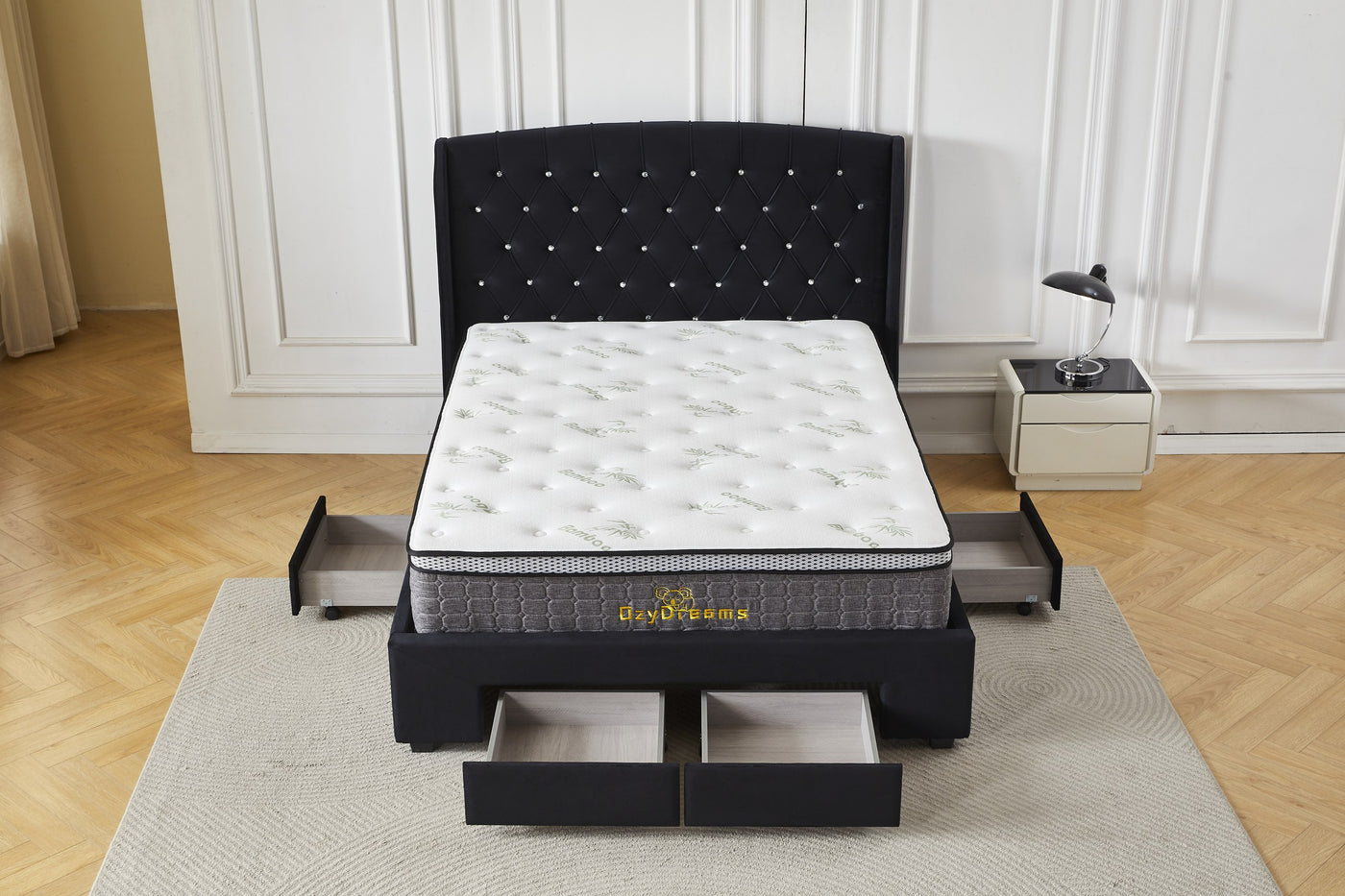 Black four-drawer tufted bed frame and bamboo mattress package, front view with all drawers open