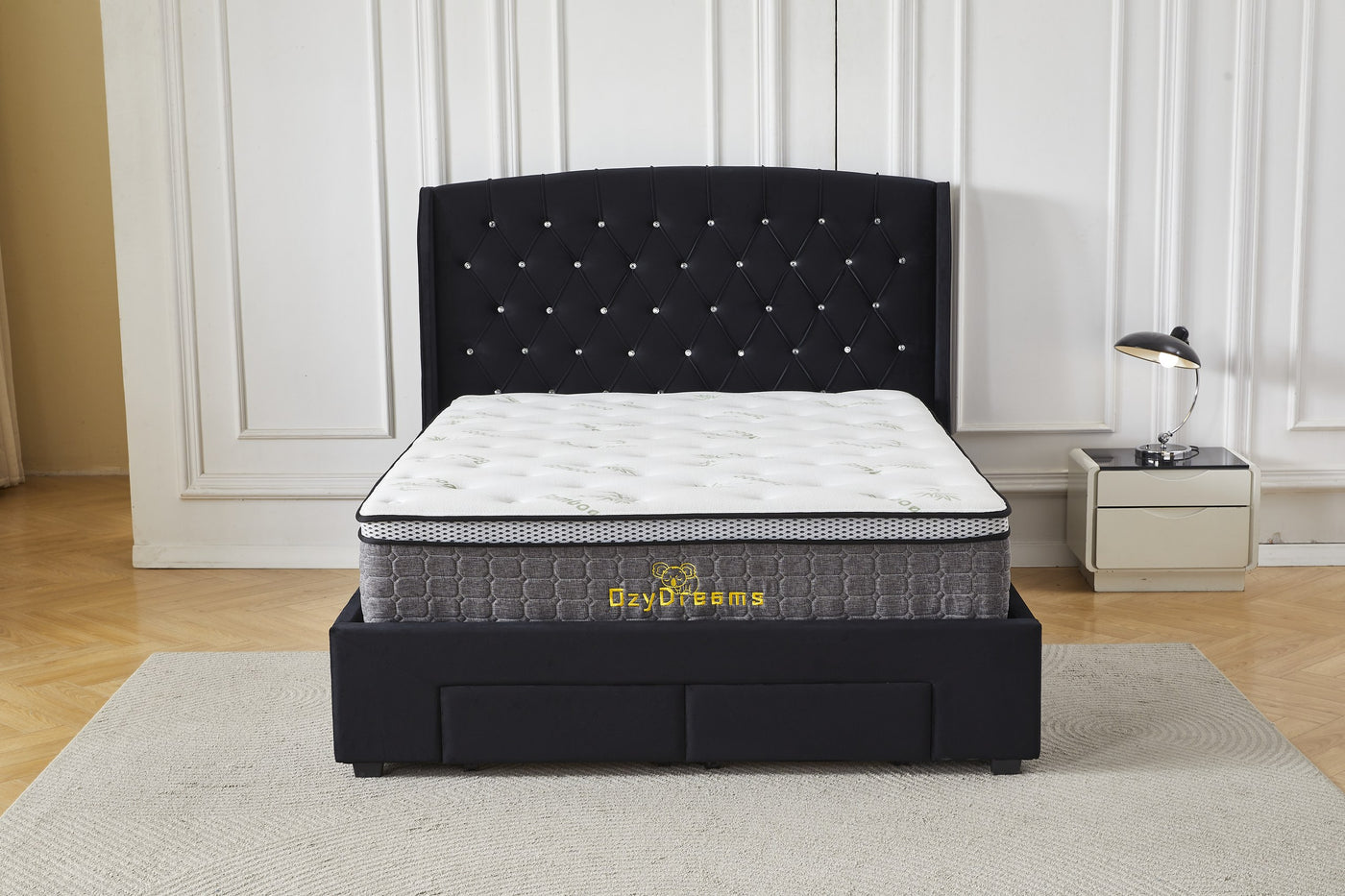 Black tufted four-drawer bed frame and bamboo mattress package, front view
