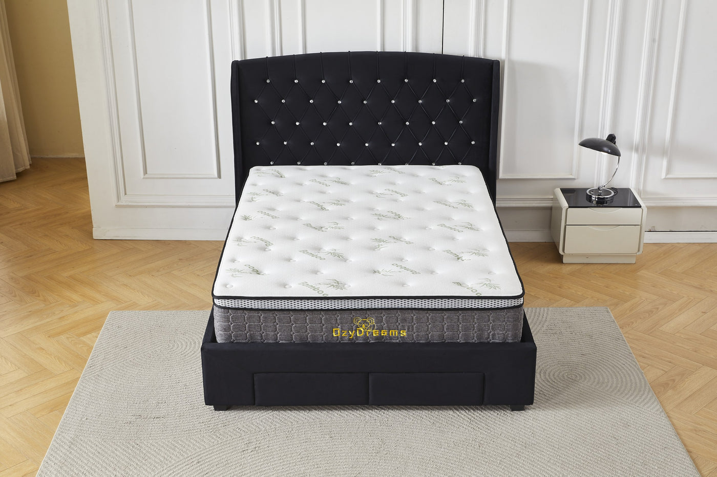 Black tufted four-drawer bed frame and bamboo mattress package, straight front view