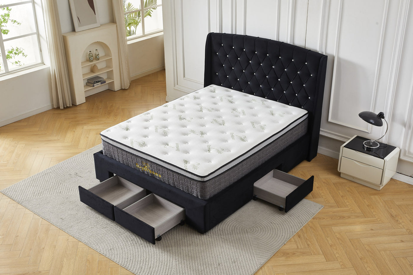 Black four-drawer tufted bed frame and bamboo mattress package with storage drawers open