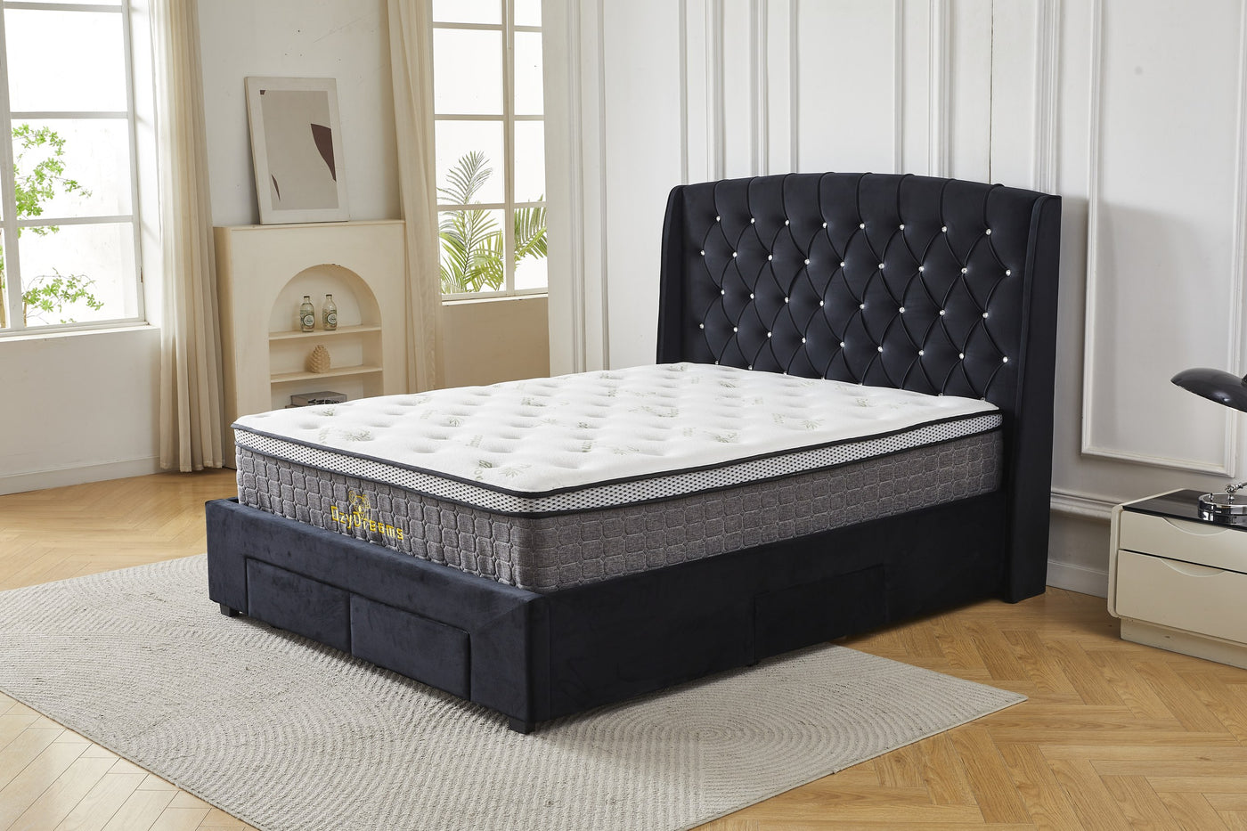 Black tufted four-drawer bed frame and bamboo mattress package, front angled view
