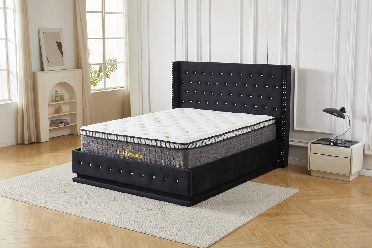 Black crystal tufted LED gas lift bed frame with 30cm pillow top bamboo mattress, angled view