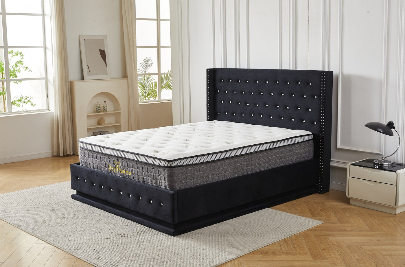 Black crystal tufted gas lift bed and bamboo mattress package, angled view