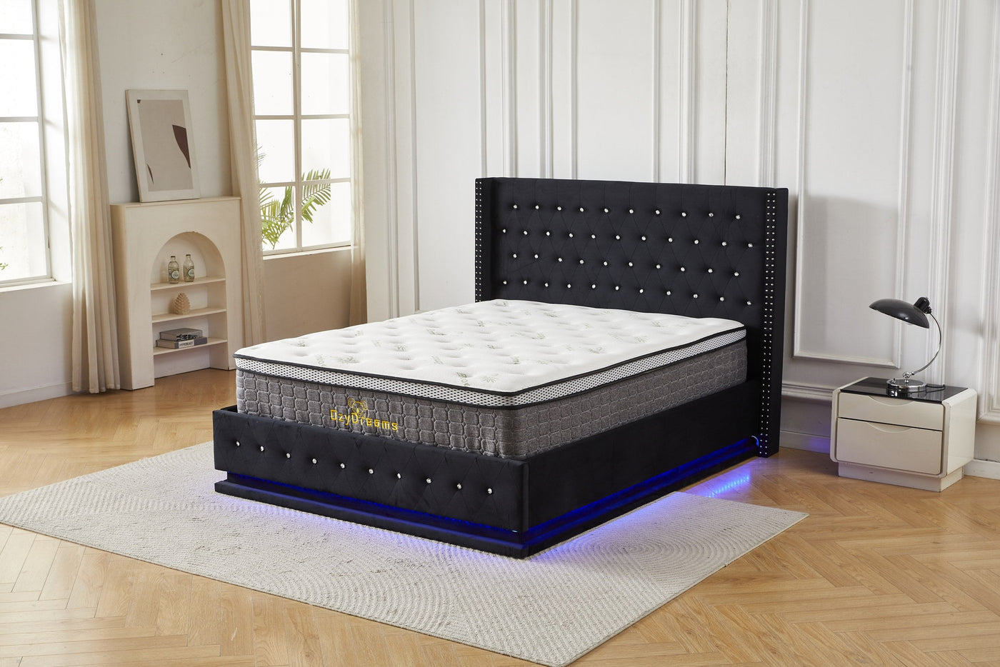 Black crystal-tufted LED gas lift bed and bamboo mattress package with colour-changing LED base lighting