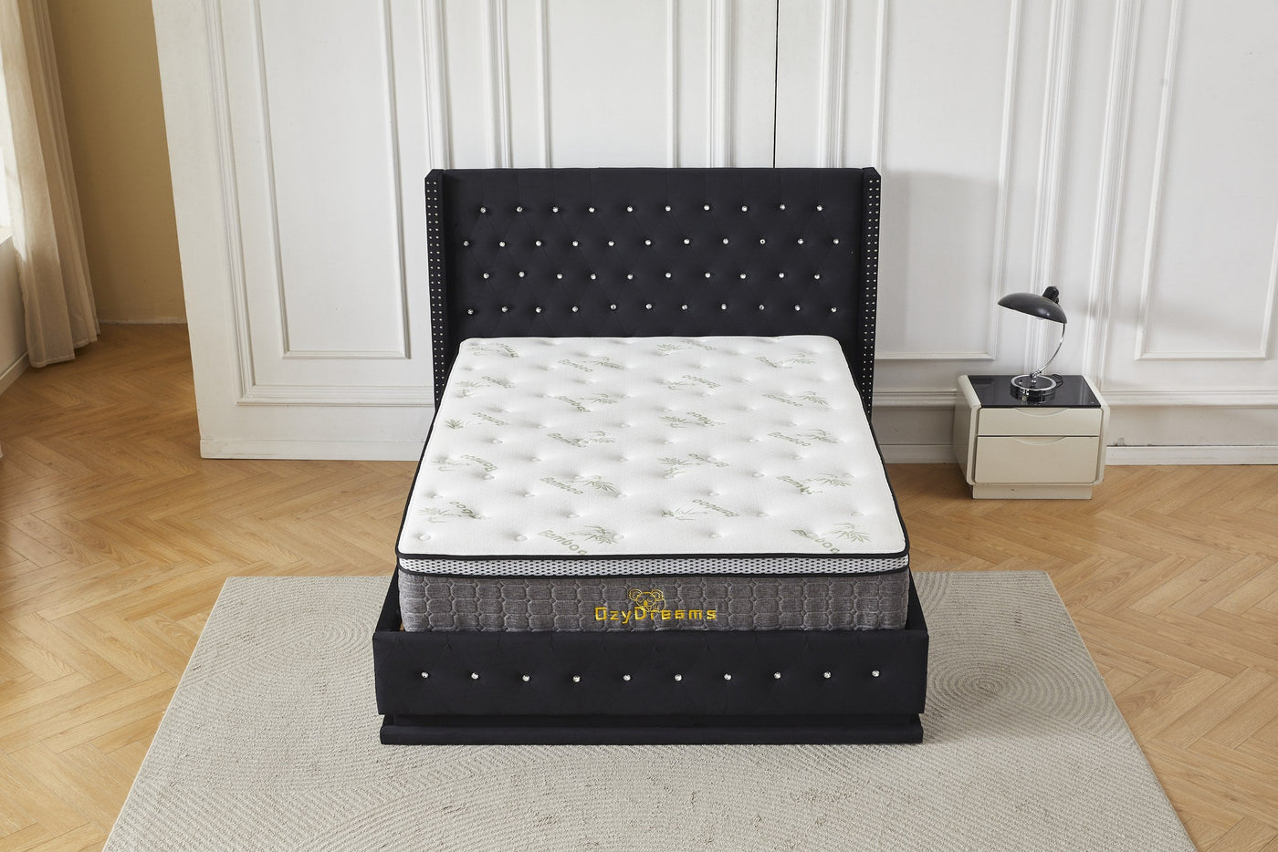 Black crystal tufted gas lift bed and bamboo mattress package, front view