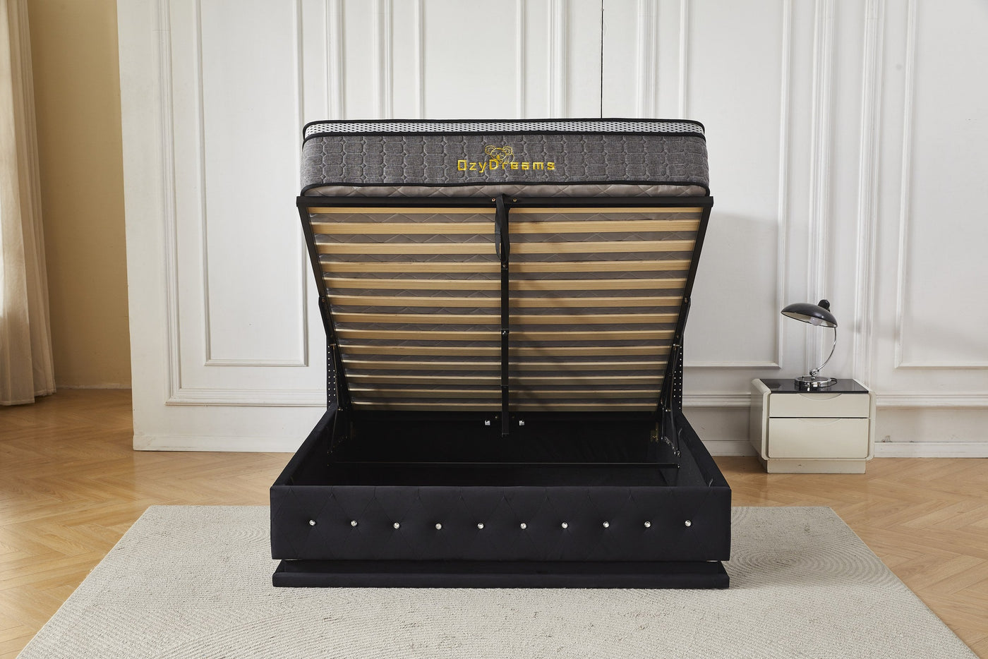 Black LED gas lift storage bed with bamboo mattress, base raised