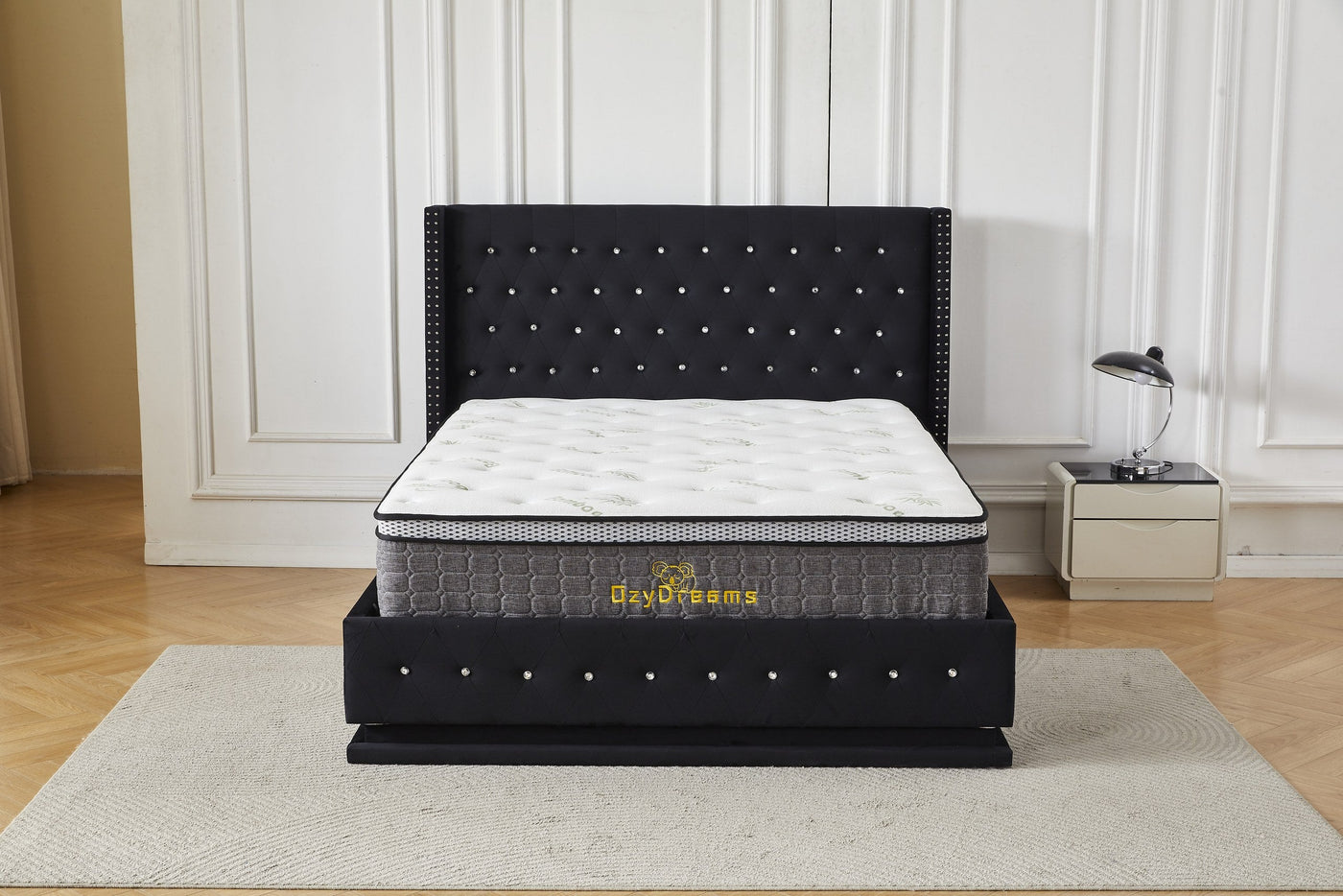 Black crystal tufted bed frame and bamboo mattress package, front view