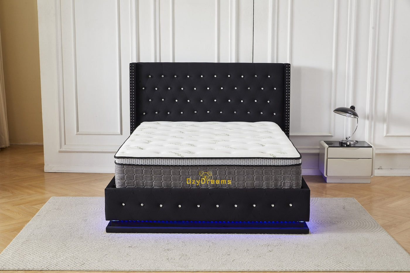 Black LED gas lift bed and bamboo mattress package, front view