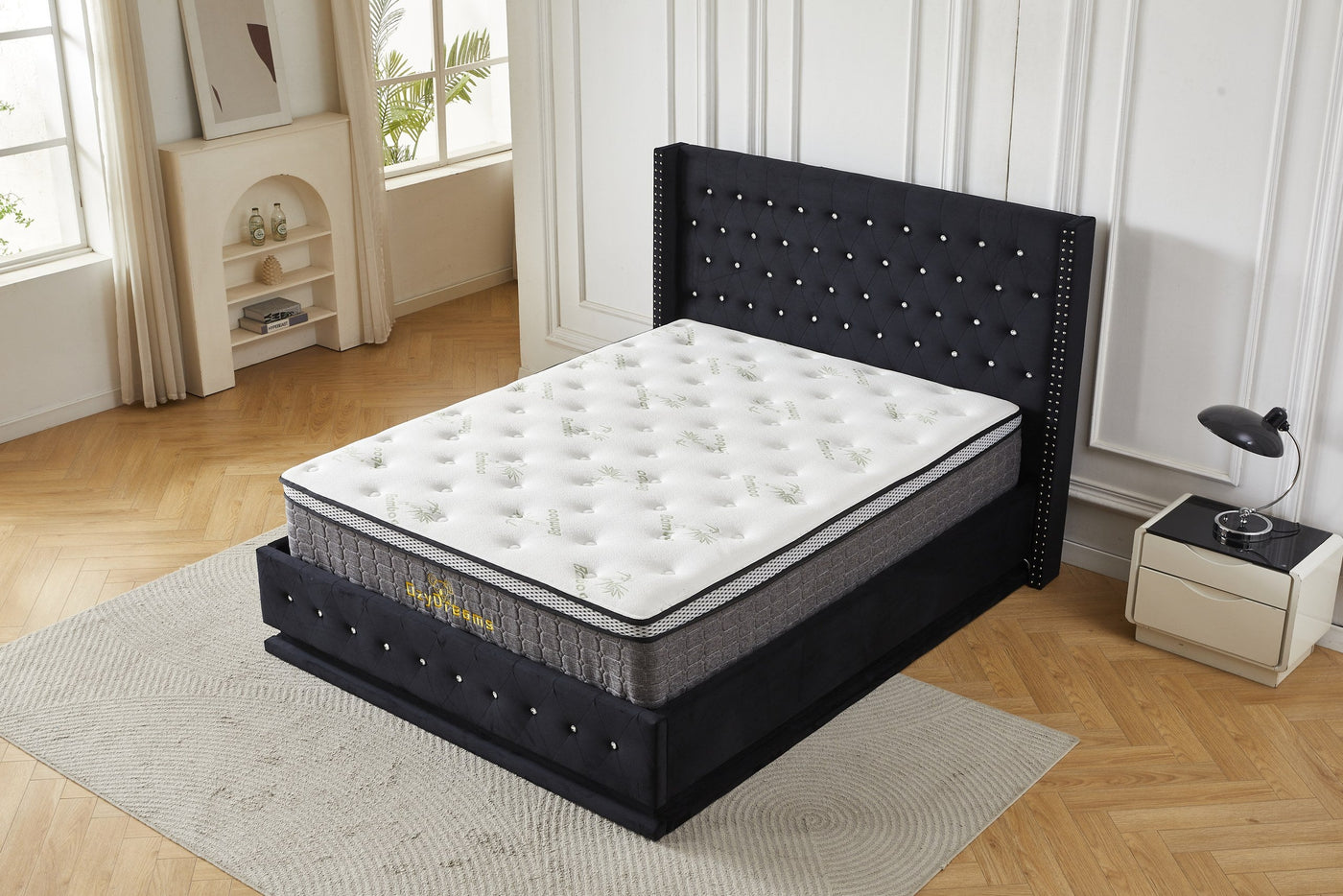 Black crystal tufted gas lift bed and bamboo mattress package, angled view