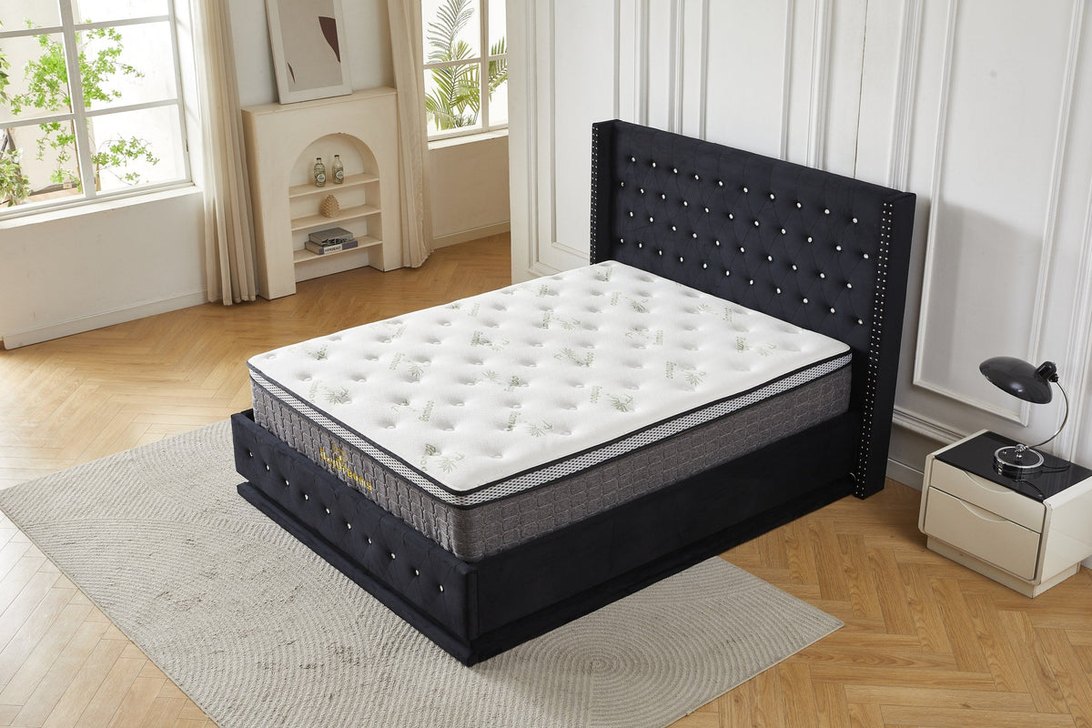 Black crystal tufted gas lift bed and bamboo mattress package, angled front view
