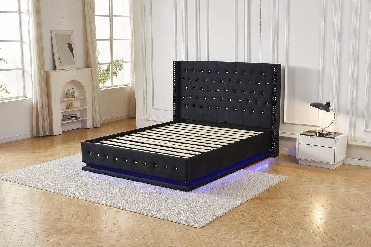 Black crystal tufted gas lift storage bed frame with blue LED base lighting, angled view