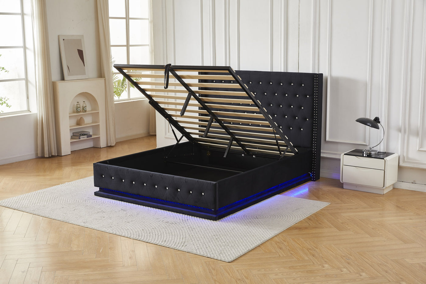 Black crystal tufted gas lift storage bed frame with LED light and raised storage base