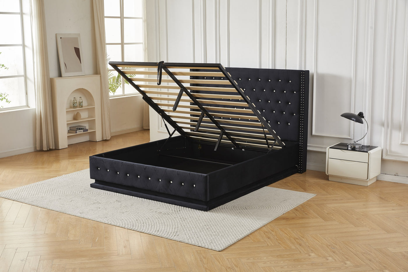Black crystal tufted gas lift storage bed frame with blue LED lighting, gas lift base raised