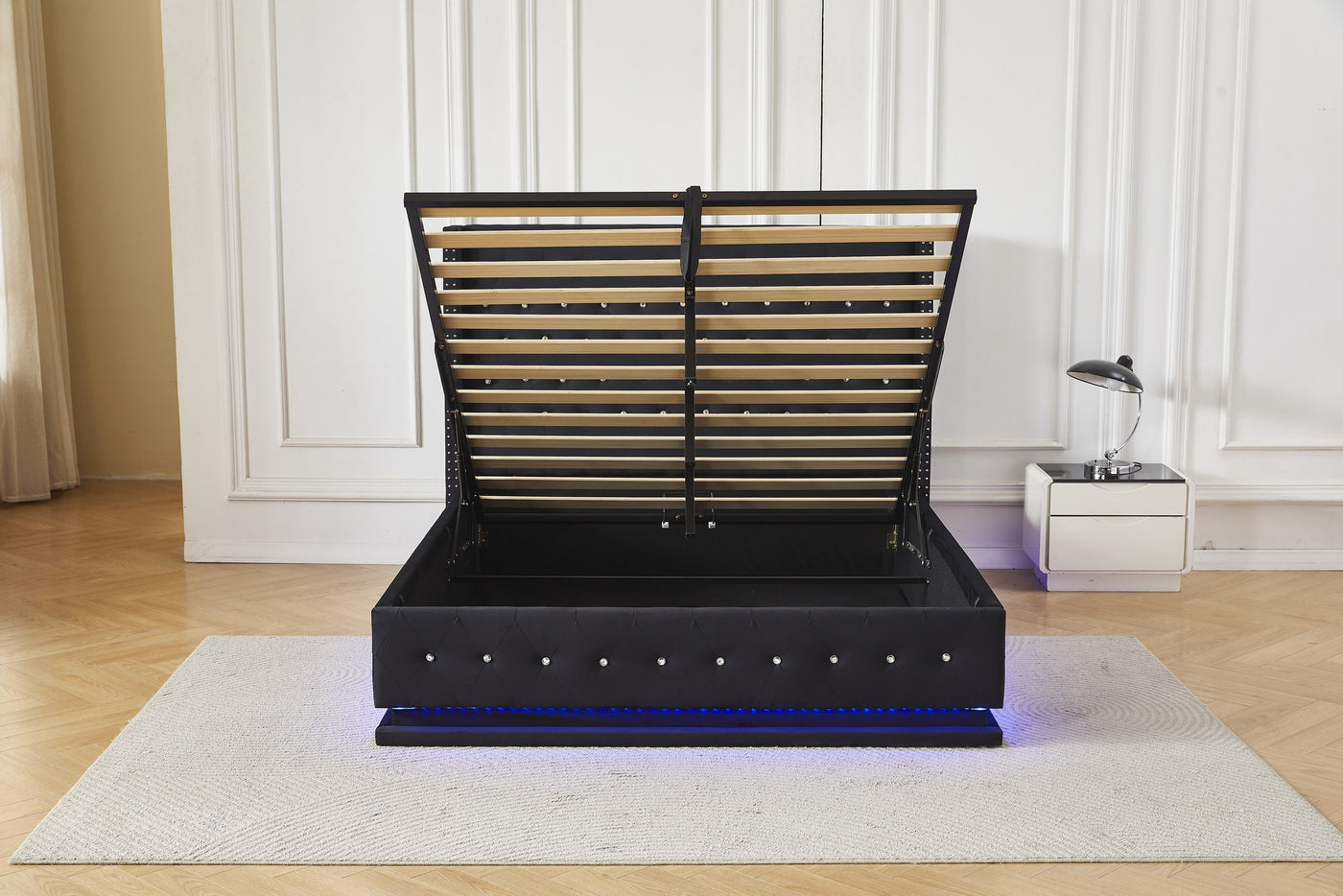 Black crystal tufted gas lift storage bed frame, front view