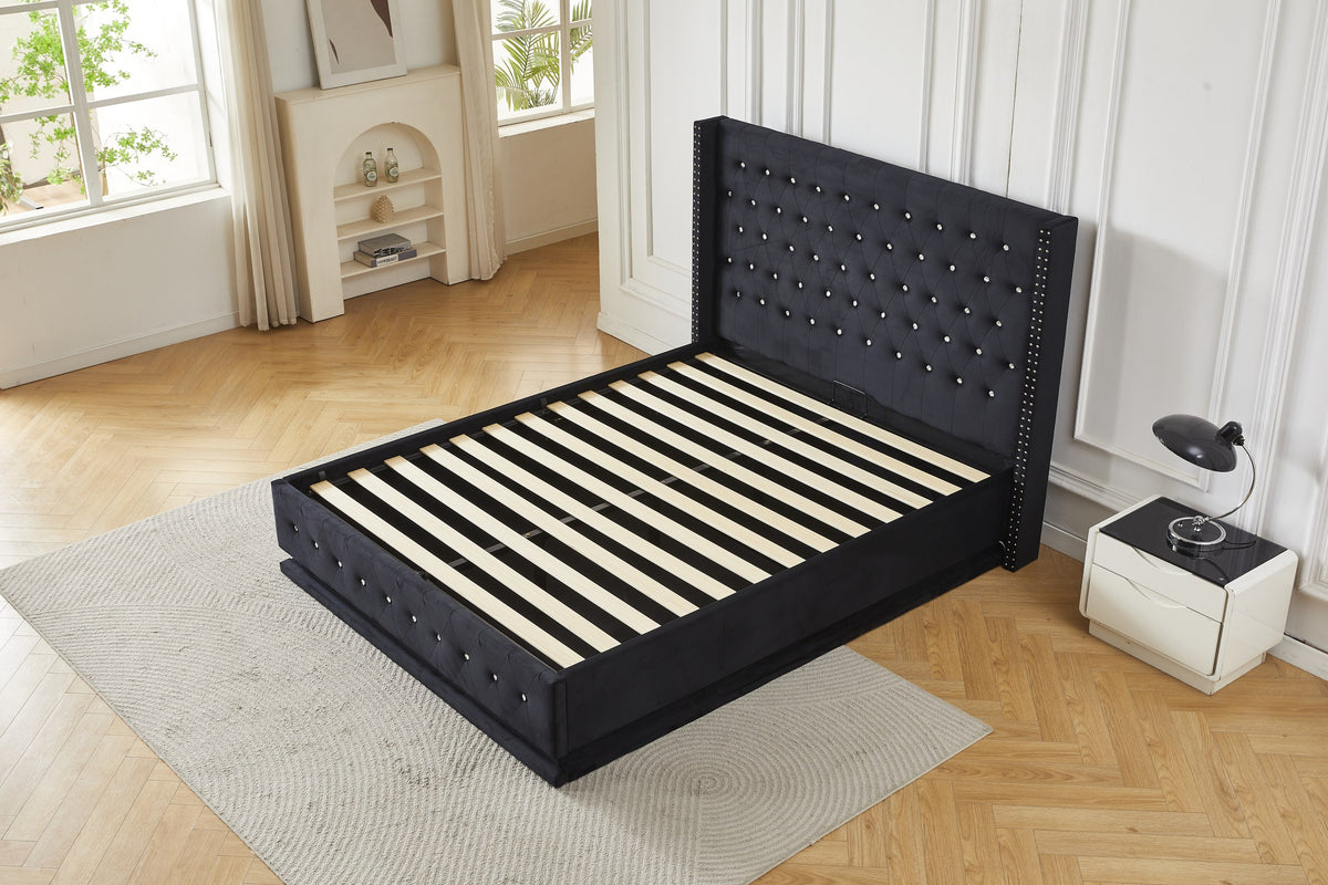 Black crystal tufted gas lift storage bed frame with gas lift storage base open, angled view
