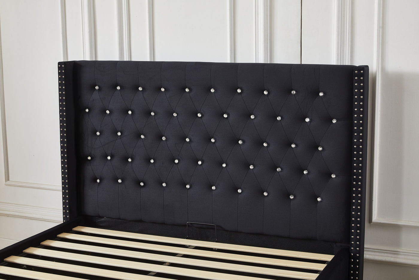 Black crystal tufted headboard with crystal buttons and nailhead trim