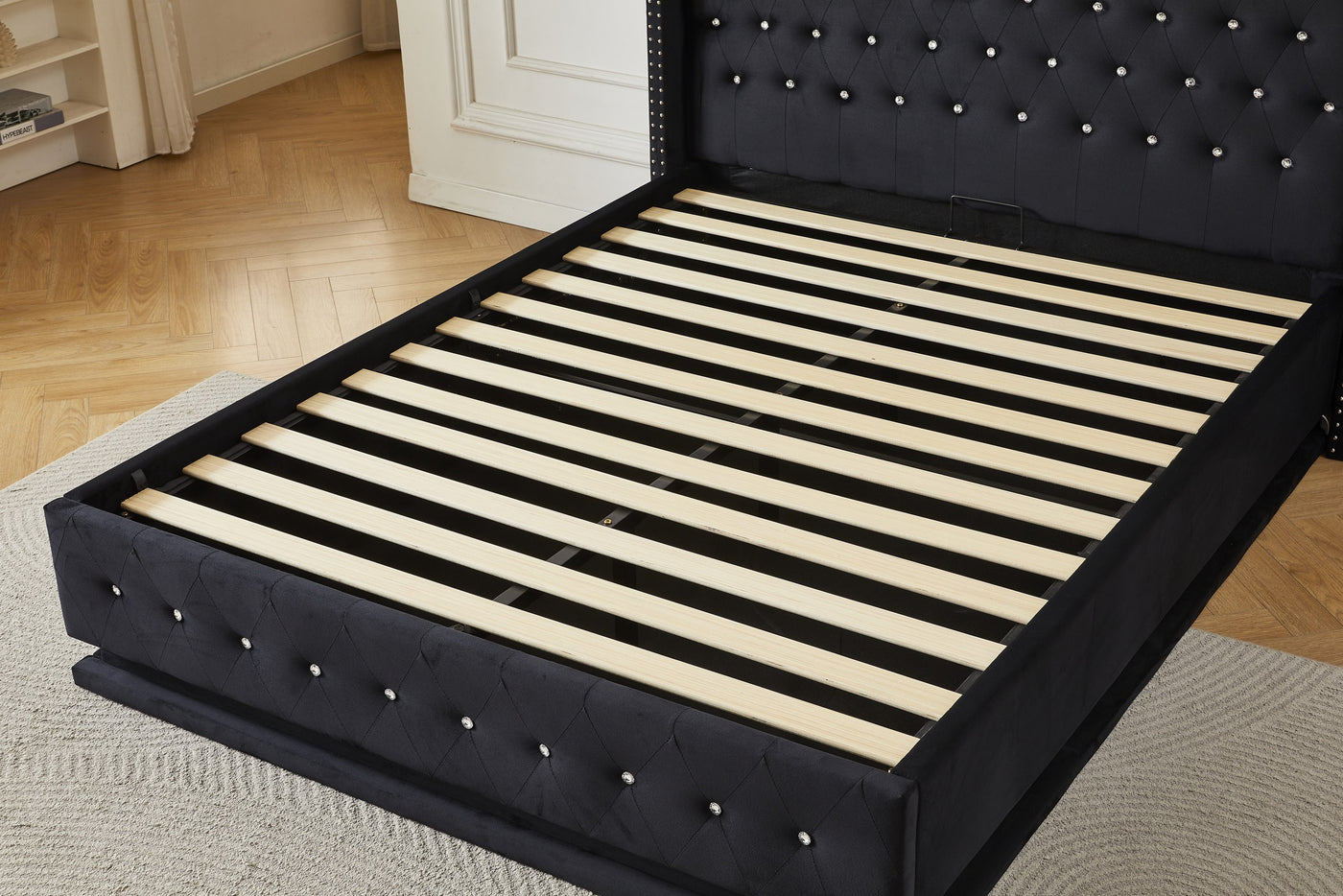 Black crystal tufted gas lift storage bed frame slat support detail
