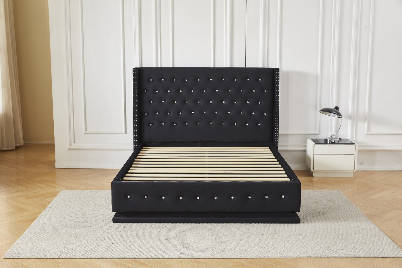 Black crystal tufted gas lift storage bed frame, front slat view