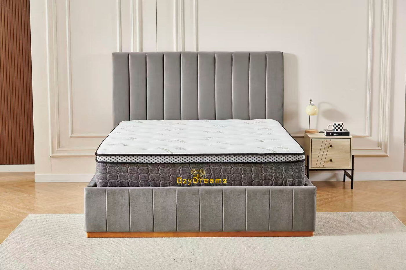 Grey Velvet Channel Bed Frame + White 30cm Pillow Top Bamboo Mattress