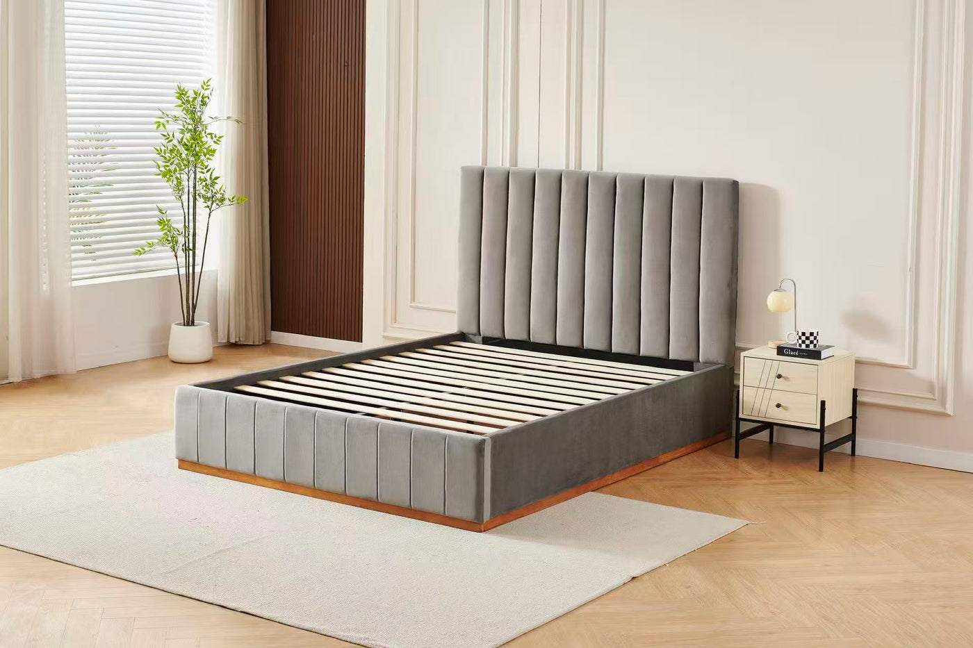 Grey Channel Tufted Velvet Bed Frame