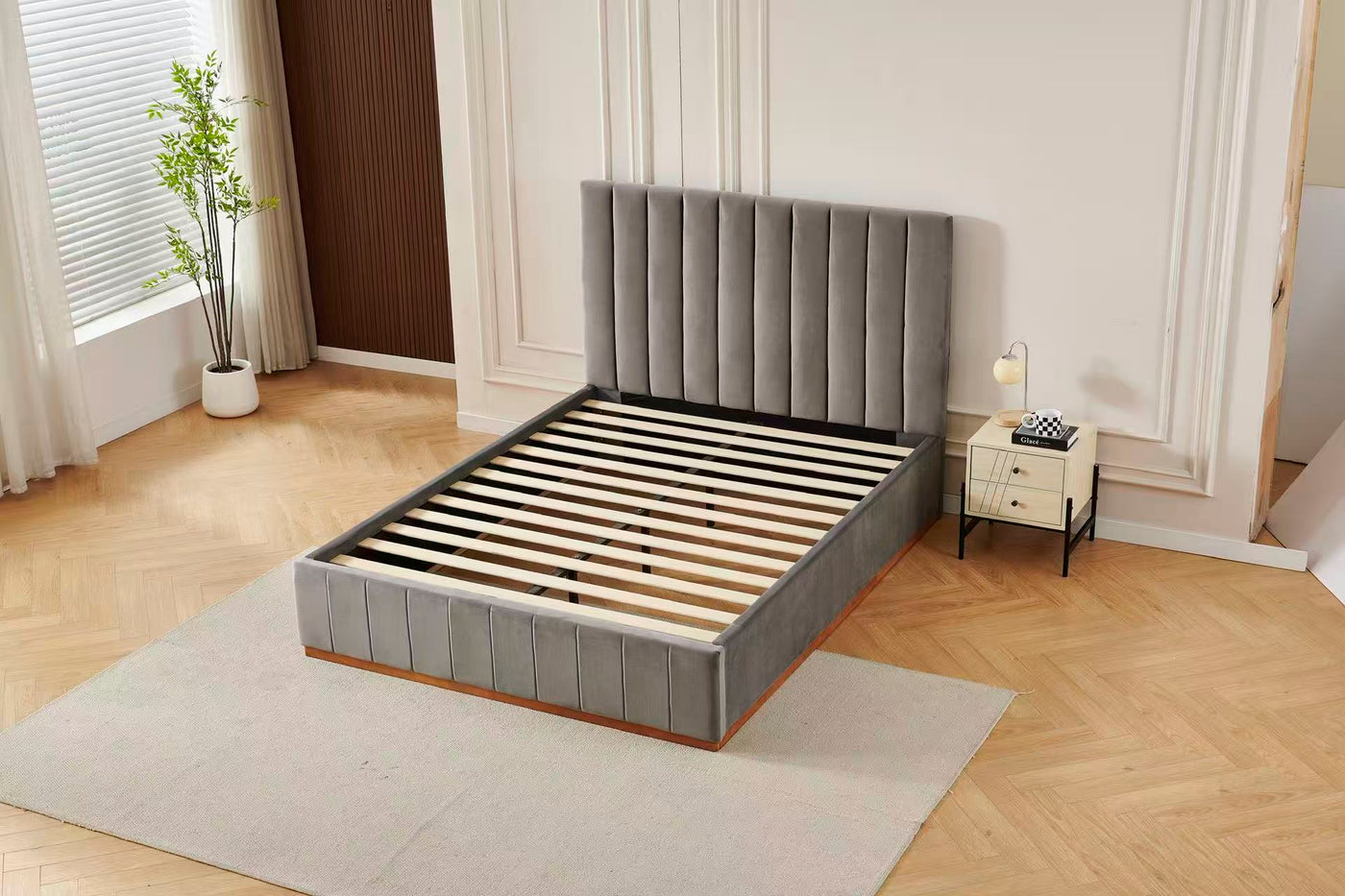 Grey Channel Tufted Velvet Bed Frame