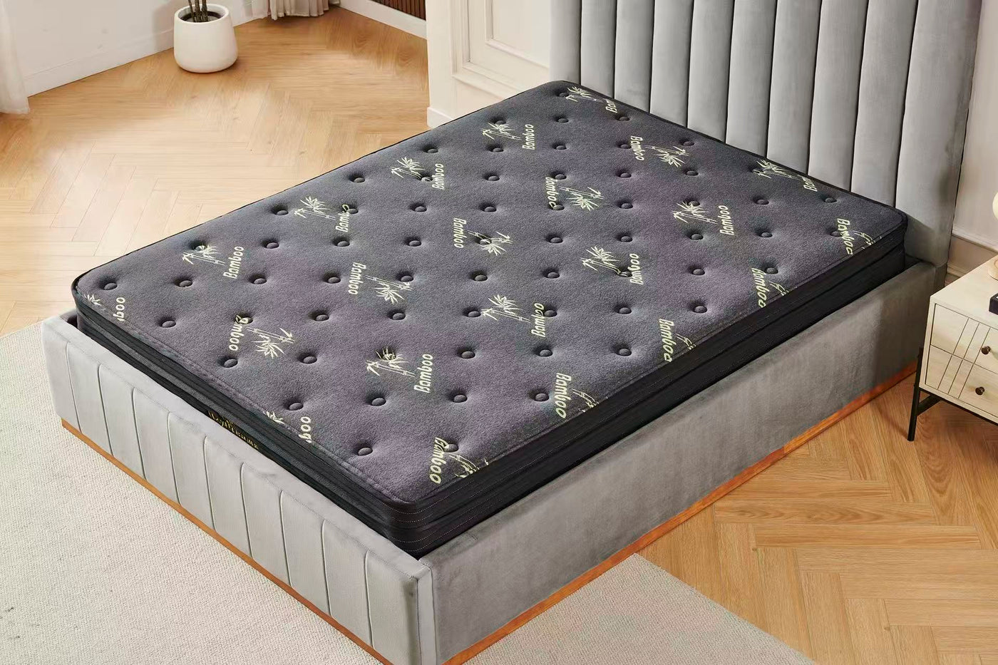 Grey velvet Channel Bed Frame + Charcoal 20cm Bamboo Mattress