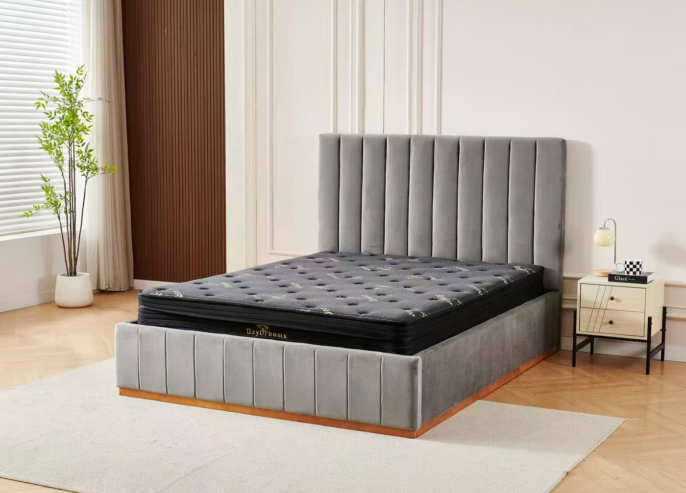 Grey velvet Channel Bed Frame + Charcoal 20cm Bamboo Mattress