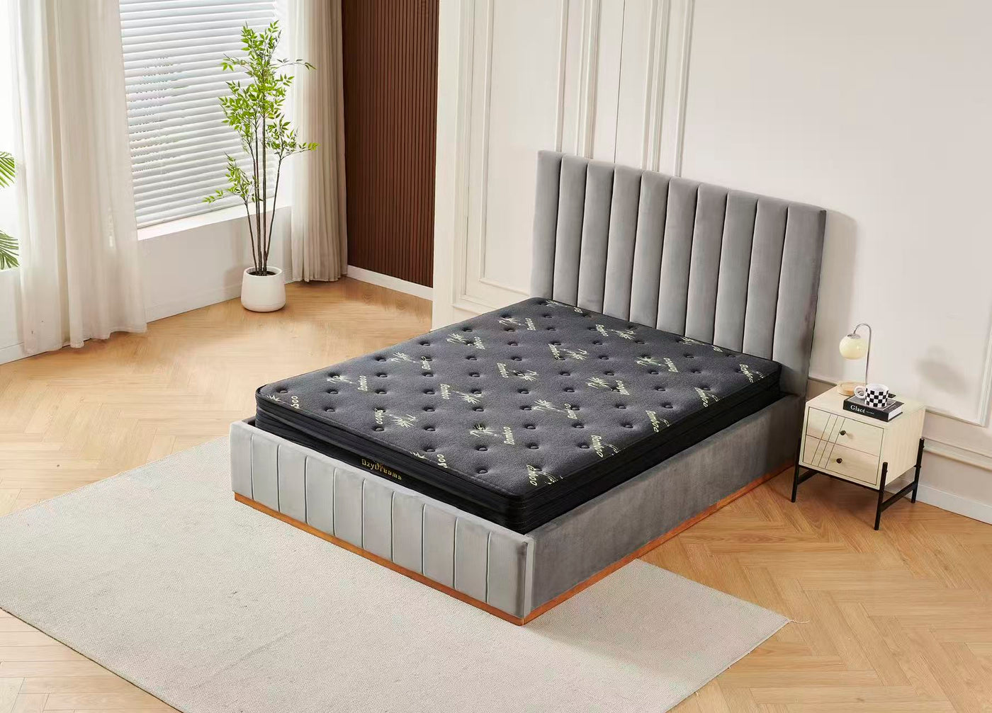Grey velvet Channel Bed Frame + Charcoal 20cm Bamboo Mattress