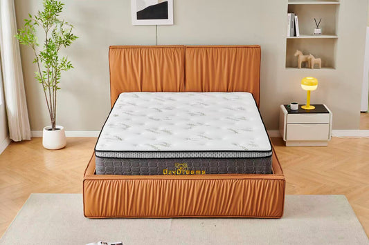 Orange Tiffany upholstered Pleat bed + White 30cm pillow top bamboo mattress
