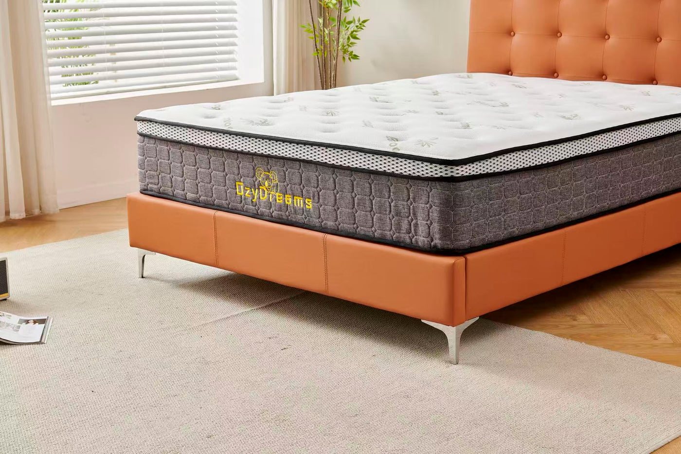 Modern leather bed + White 30cm pillow top bamboo mattress