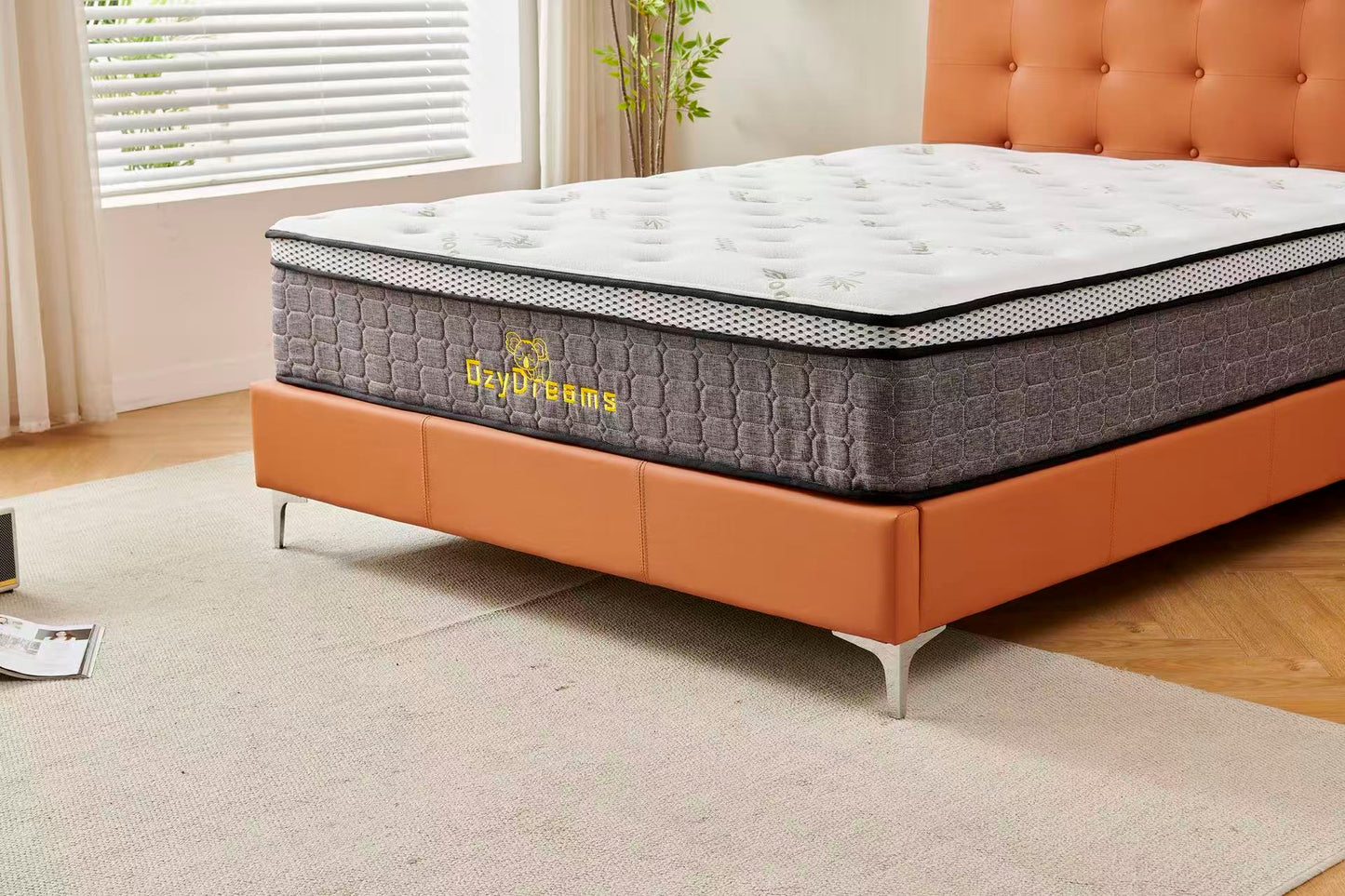 Orange Tiffany upholstered bed + White 30cm pillow top bamboo mattress