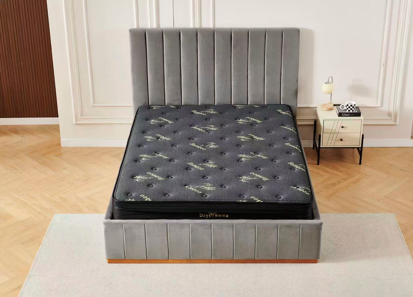 Grey velvet Channel Bed Frame + Charcoal 20cm Bamboo Mattress