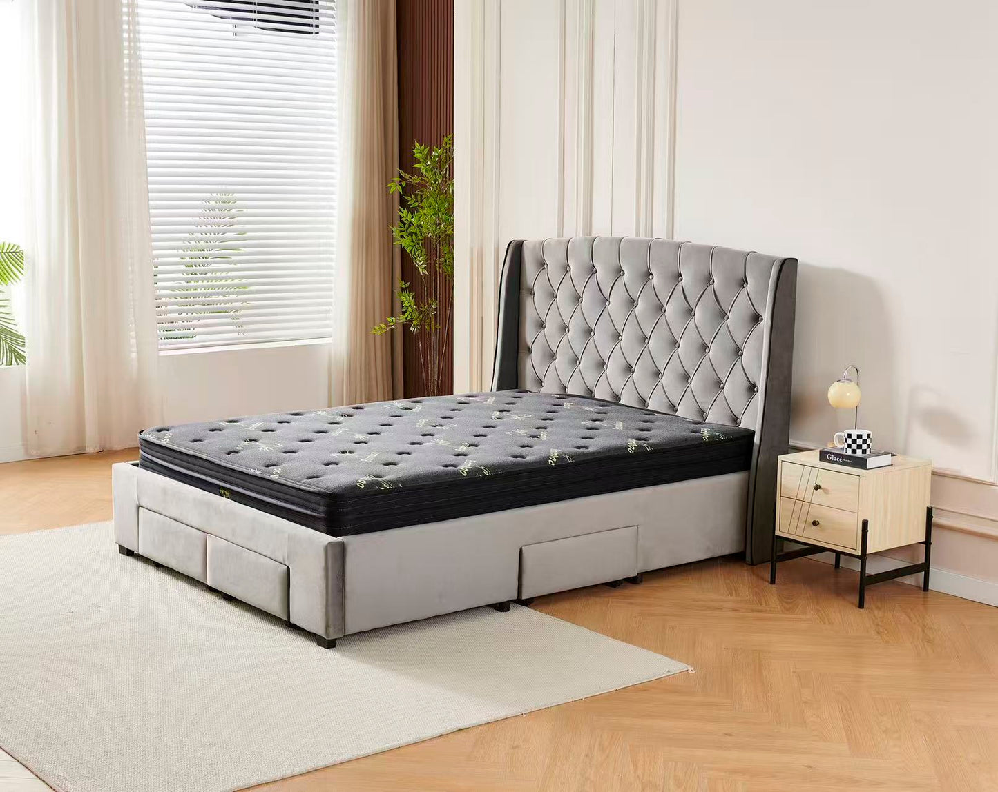 Tufted Bed Frame Dark Grey (4 Drawers) + Charcoal 20cm Bamboo Mattress