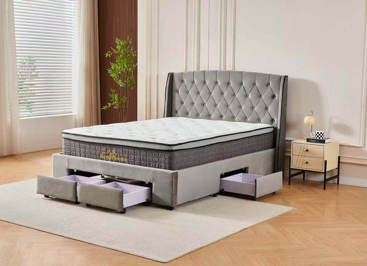 Tufted Bed Frame Dark Grey (4 Drawers) + 30cm Pillow Top Bamboo Mattress