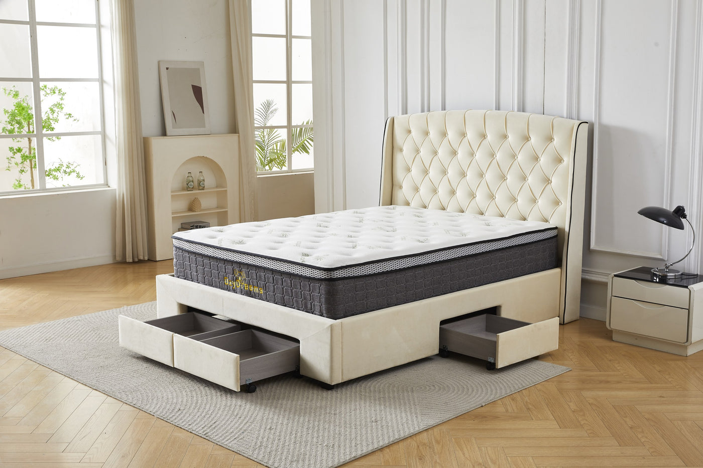 Cream four-drawer bed frame with Bamboo mattress, angled front view