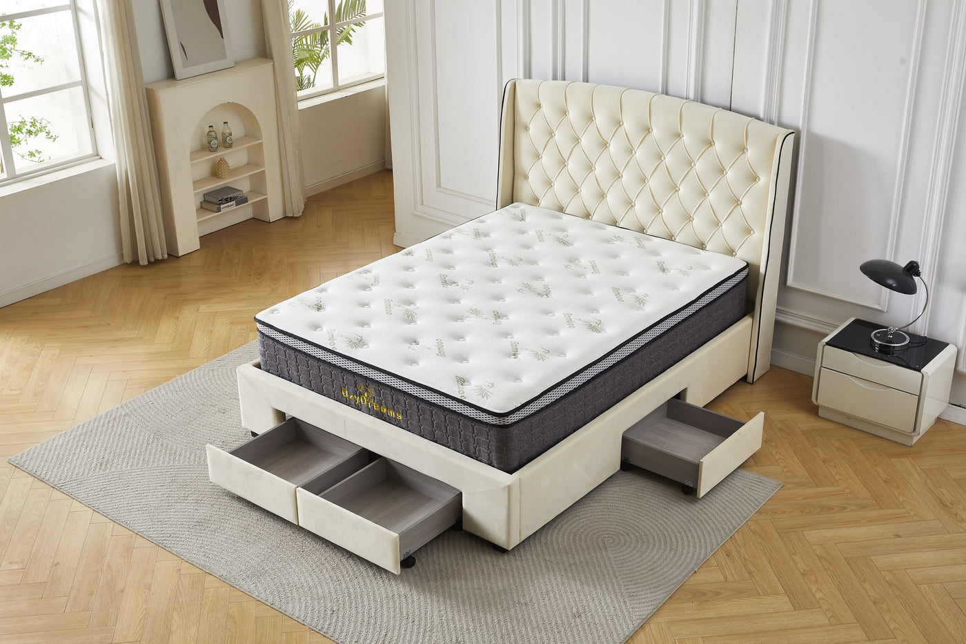 Cream four-drawer bed frame with Bamboo mattress, front angle