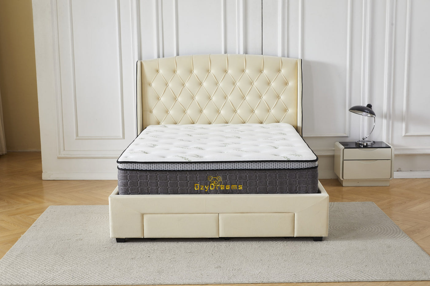 Cream four-drawer bed frame with Bamboo mattress, front view