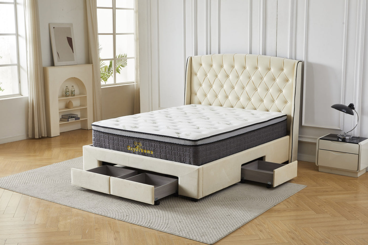 Cream four-drawer bed frame with Bamboo mattress and open drawers